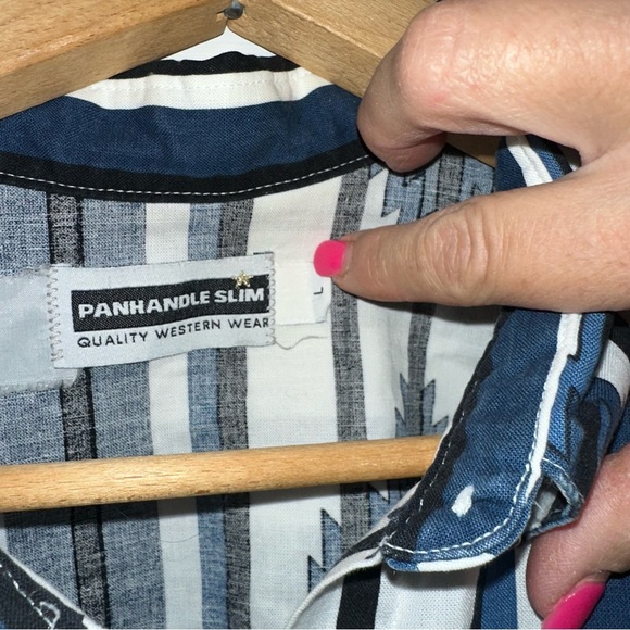 Vintage Panhandle Slim Blue and White Striped Aztec Button Up Down Shirt - Picture 8 of 8